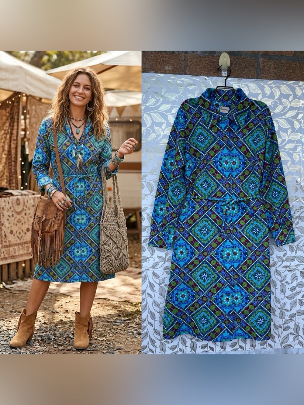 Country Miss Vintage 1970s Knit Dress M Blue Green Geometric Whimsigoth Boho